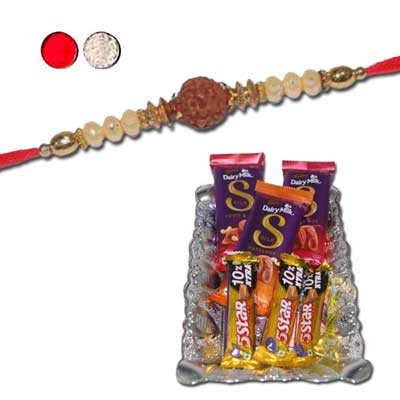 "Designer Fancy Rudraksha Rakhi - FR-8510 A- (Single Rakhi) Choco Thali - code RC05 - Click here to View more details about this Product